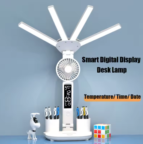 Rechargeable 3 in 1 LED Desk Lamp with Fan & Clock