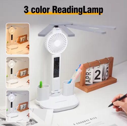 Rechargeable 3 in 1 LED Desk Lamp with Fan & Clock