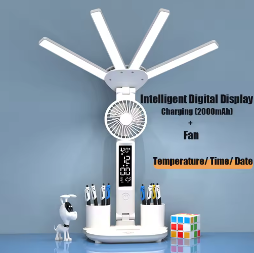 Rechargeable 3 in 1 LED Desk Lamp with Fan & Clock