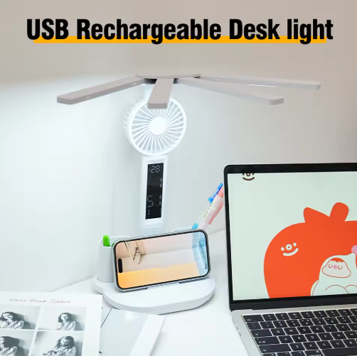 Rechargeable 3 in 1  LED Desk Lamp with Fan & Clock