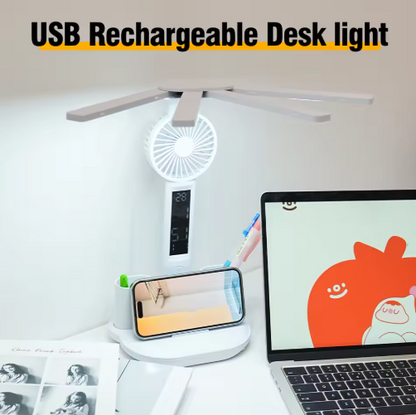 Rechargeable 3 in 1  LED Desk Lamp with Fan & Clock
